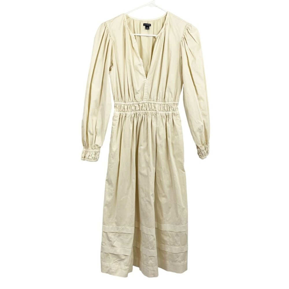 J. Crew Cream‎ Smocked Waist Peasant Chino Midi Dress Boho Pockets Size XS